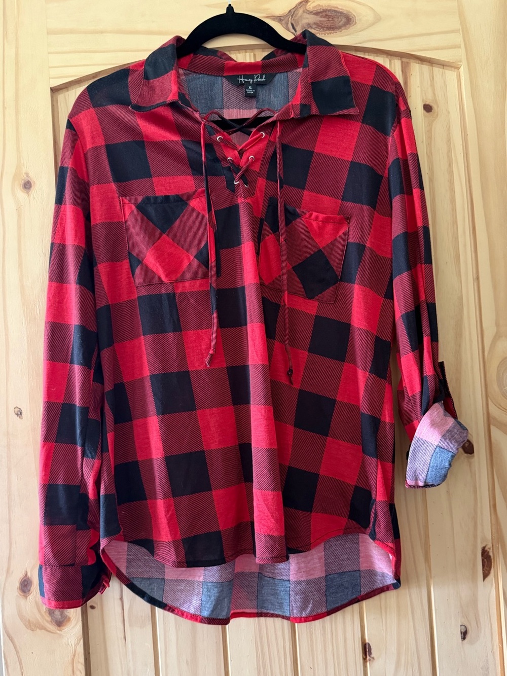 Women’s Red & Black Plaid Lace-Up Shirt